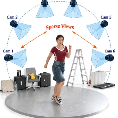 Sparse-View 4D Gaussian Splatting via Spatiotemporal Priors and Generative Assistance — teaser figure